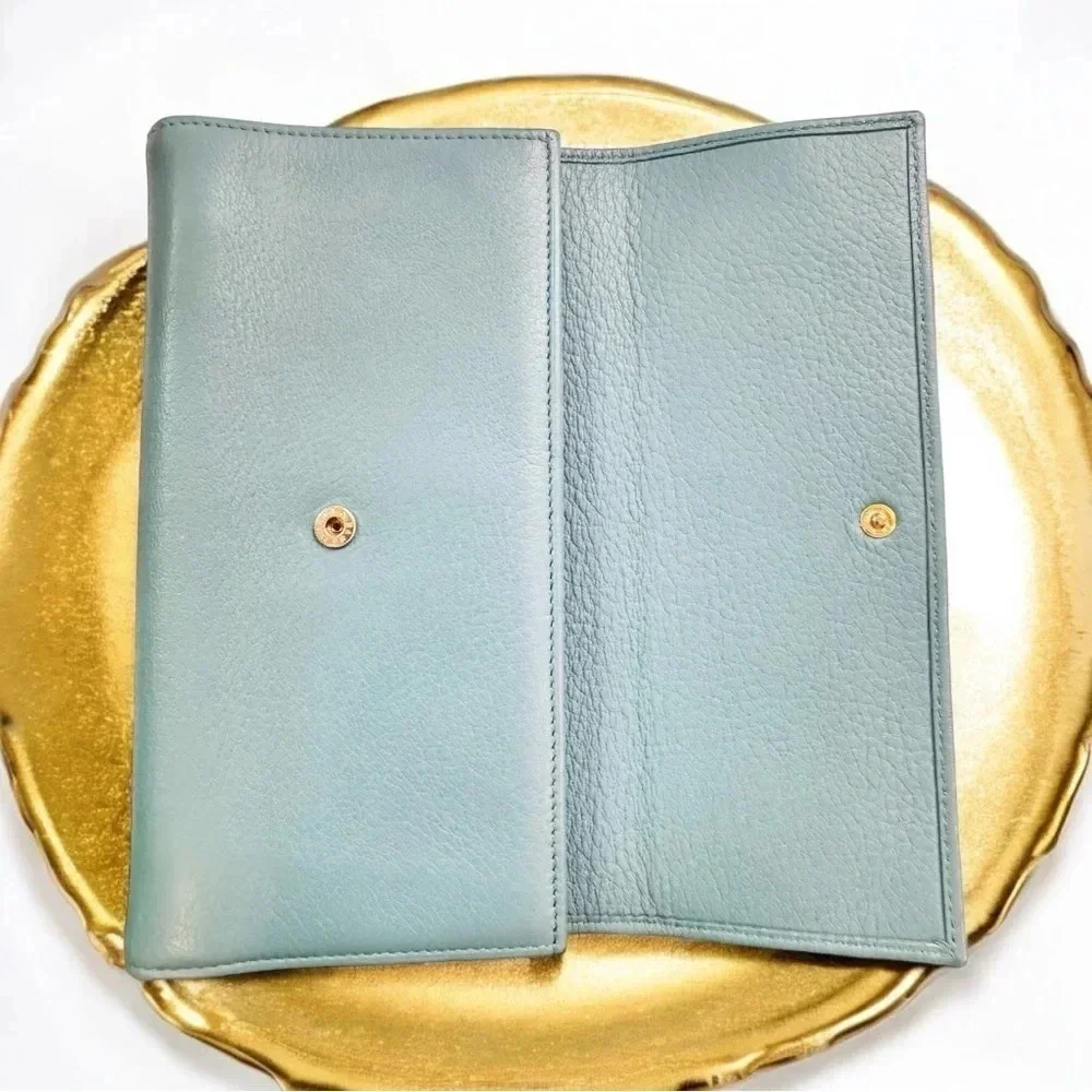 Rare Bvlgari Double Logo Blue Leather Flap Trifold Long Wallet